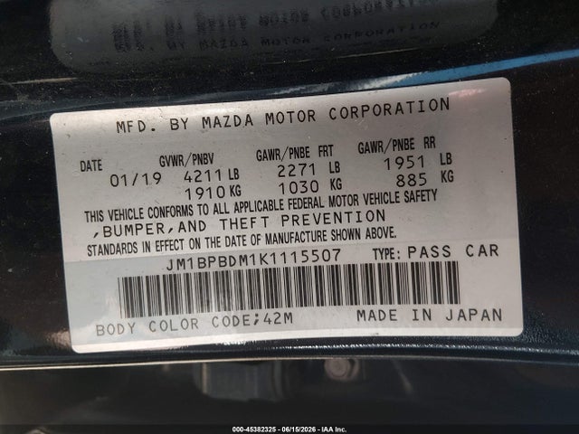 45382325 :رقم المزاد ، JM1BPBDM1K1115507 vin ، 2019 Mazda Mazda3 Preferred Package مزاد بيع