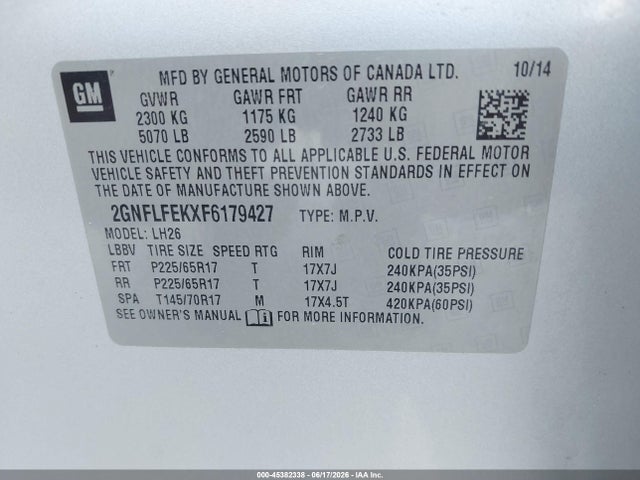 Продажа на аукционе авто 2015 Chevrolet Equinox 1lt, vin: 2GNFLFEKXF6179427, номер лота: 45382338