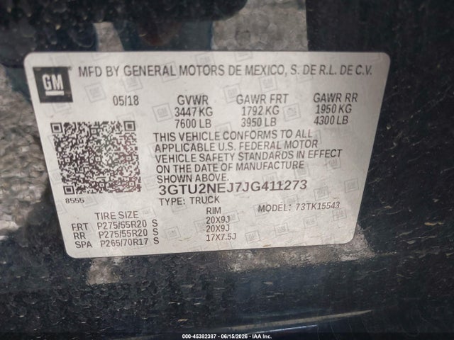 Продажа на аукционе авто 2018 Gmc Sierra 1500 Slt, vin: 3GTU2NEJ7JG411273, номер лота: 45382387