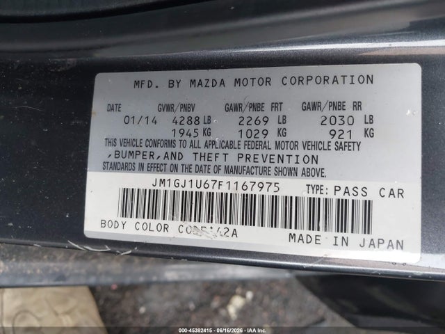 Продажа на аукционе авто 2015 Mazda Mazda6 I Sport, vin: JM1GJ1U67F1167975, номер лота: 45382415