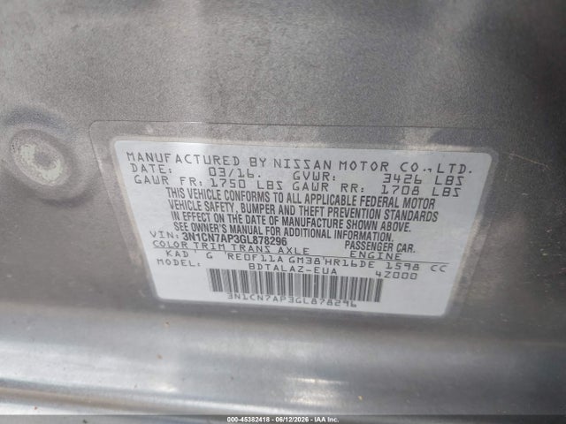 Nissan Versa 1.6 S+ 2016 3N1CN7AP3GL878296 Image 9
