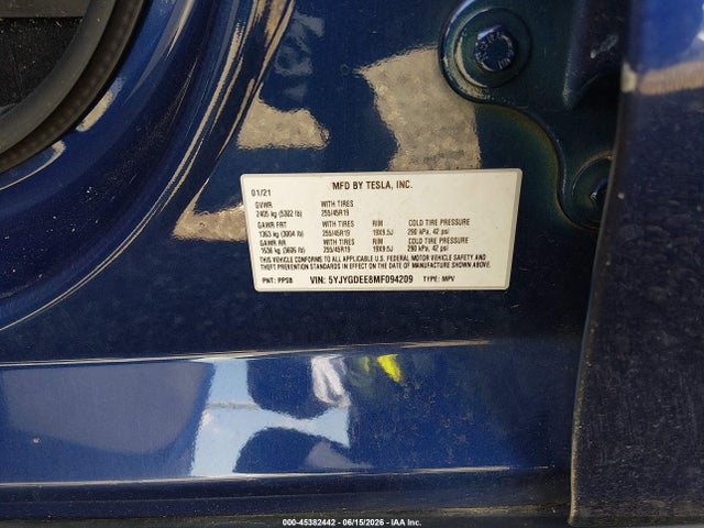 Aukcja sprzedaży 2021 Tesla Model Y Long Range Dual Motor All-wheel Drive, vin: 5YJYGDEE8MF094209, numer aukcji: 45382442
