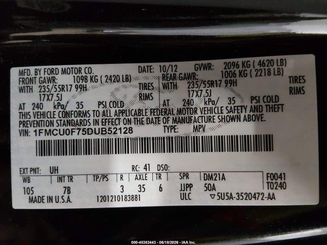 45382443 :رقم المزاد ، 1FMCU0F75DUB52128 vin ، 2013 Ford Escape S مزاد بيع