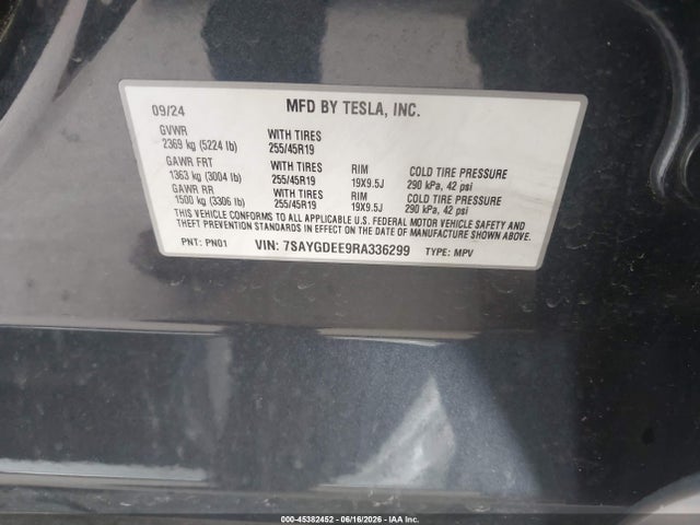 Auction sale of the 2024 Tesla Model Y Long Range Dual Motor All-wheel Drive, vin: 7SAYGDEE9RA336299, lot number: 45382452