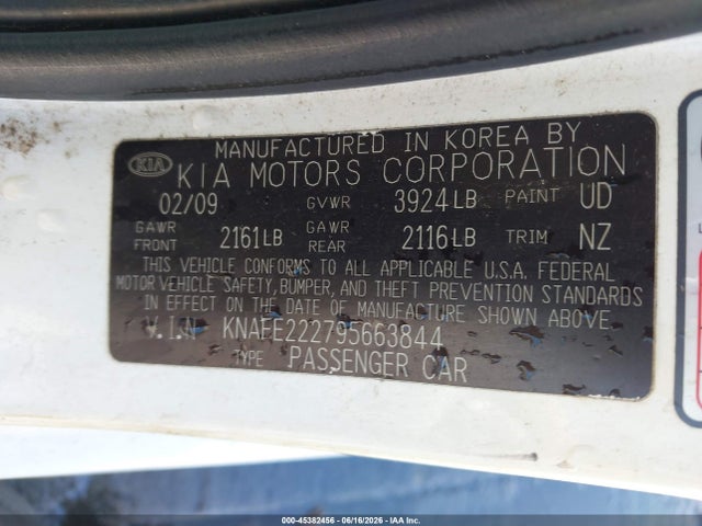 2009 Kia Spectra Ex მანქანა იყიდება აუქციონზე, vin: KNAFE222795663844, აუქციონის ნომერი: 45382456