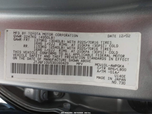 45382464 :رقم المزاد ، JTJGF10U530160429 vin ، 2003 Lexus Rx 300 مزاد بيع