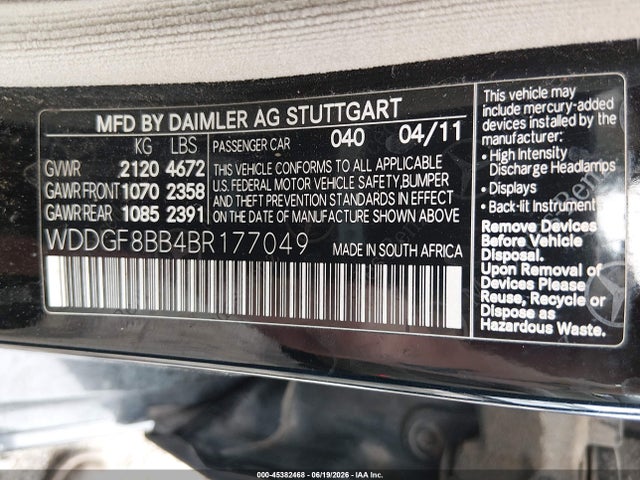 45382468 :رقم المزاد ، WDDGF8BB4BR177049 vin ، 2011 Mercedes-benz C 300 Luxury 4matic/sport 4matic مزاد بيع