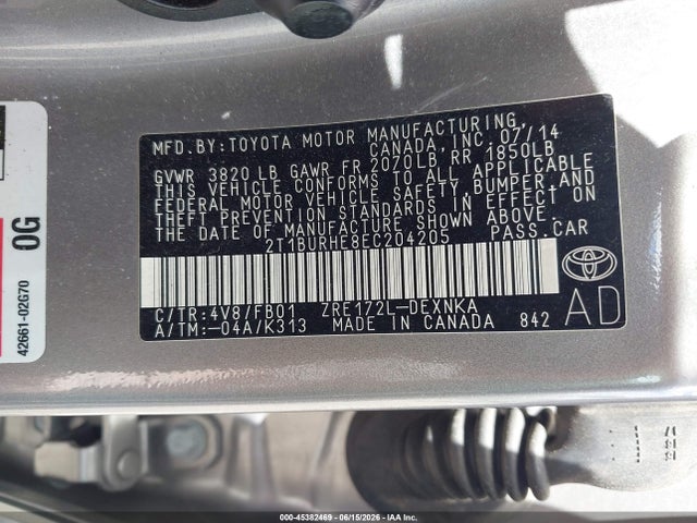 2014 Toyota Corolla Le მანქანა იყიდება აუქციონზე, vin: 2T1BURHE8EC204205, აუქციონის ნომერი: 45382469