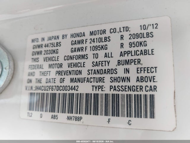 Aukcja sprzedaży 2013 Acura Tsx 2.4, vin: JH4CU2F67DC003442, numer aukcji: 45382471