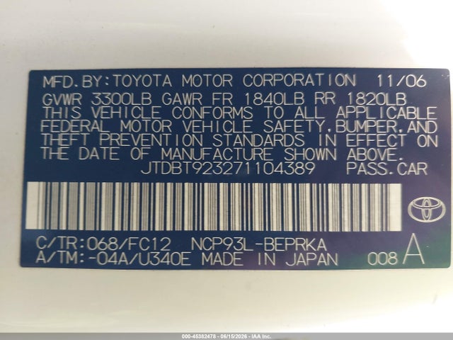 Aukcja sprzedaży 2007 Toyota Yaris, vin: JTDBT923271104389, numer aukcji: 45382478