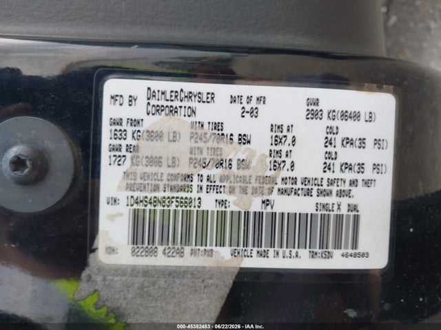 Aukcja sprzedaży 2003 Dodge Durango Slt, vin: 1D4HS48N83F566013, numer aukcji: 45382483