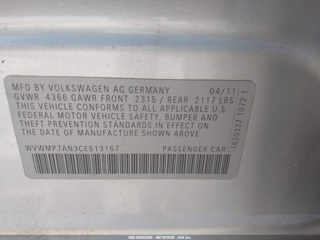 2012 Volkswagen Cc Sport მანქანა იყიდება აუქციონზე, vin: WVWMP7AN3CE513167, აუქციონის ნომერი: 45382485