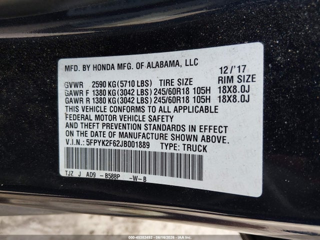 Auction sale of the 2018 Honda Ridgeline Rtl-t, vin: 5FPYK2F62JB001889, lot number: 45382492