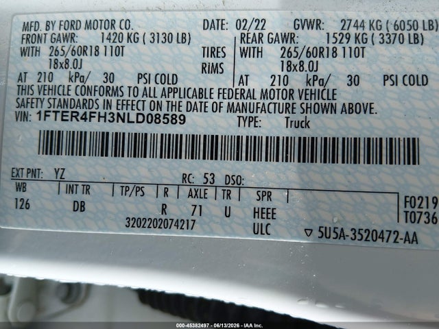 Ford Ranger Lariat 2022 1FTER4FH3NLD08589 Image 9