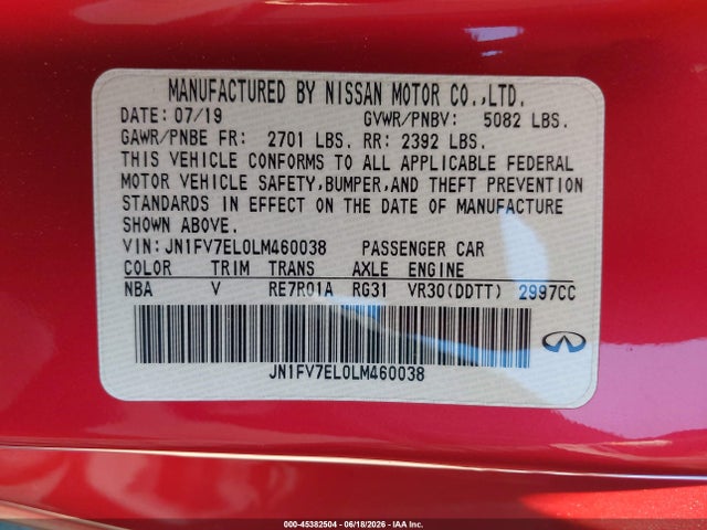 Продажа на аукционе авто 2020 Infiniti Q60 Red Sport 400 Awd, vin: JN1FV7EL0LM460038, номер лота: 45382504
