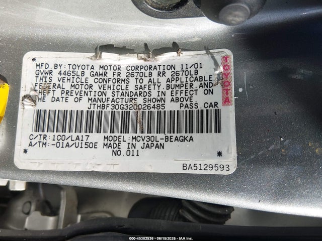 45382536 :رقم المزاد ، JTHBF30G320026485 vin ، 2002 Lexus Es 300 مزاد بيع