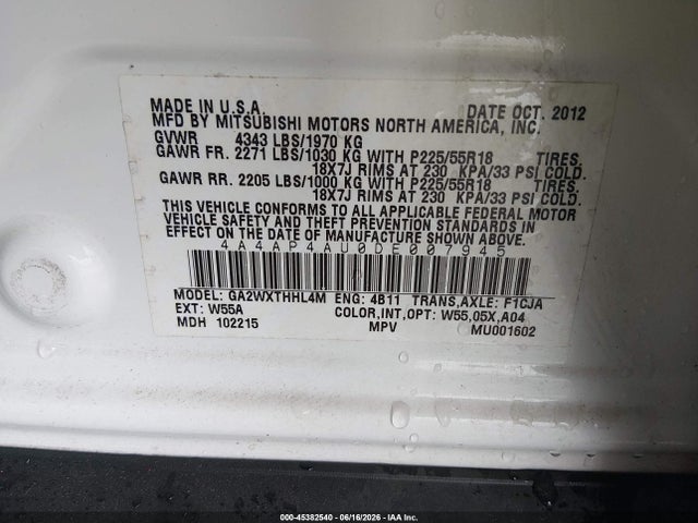 Aukcja sprzedaży 2013 Mitsubishi Outlander Sport Se, vin: 4A4AP4AU0DE007945, numer aukcji: 45382540