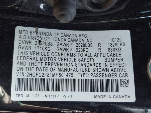 Продаж на аукціоні авто 2021 Honda Civic Sport, vin: 2HGFC2F81MH501475, номер лоту: 45382572