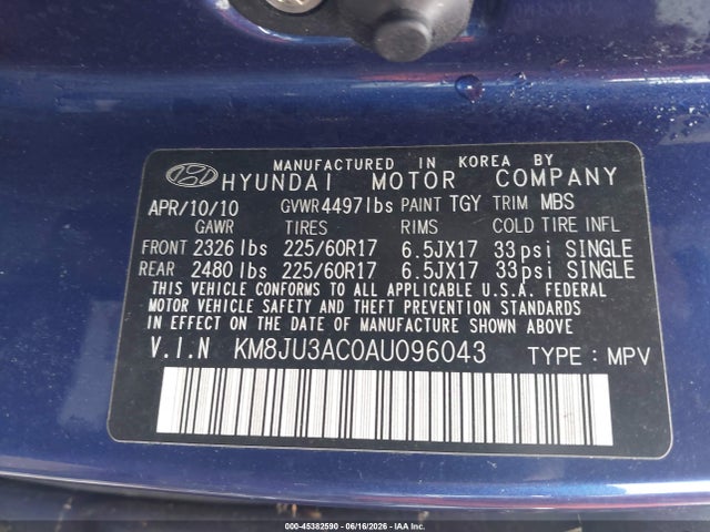 Aukcja sprzedaży 2010 Hyundai Tucson Gls, vin: KM8JU3AC0AU096043, numer aukcji: 45382590