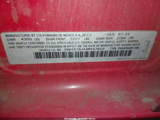 Aukcja sprzedaży 2010 Volkswagen Jetta Limited Edition, vin: 3VWRZ7AJ1AM157612, numer aukcji: 45382596