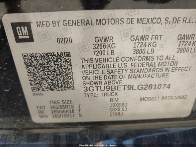 45382618 :رقم المزاد ، 3GTU9BET9LG281074 vin ، 2020 Gmc Sierra 1500 مزاد بيع
