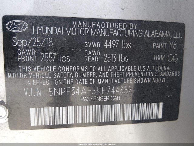 45382664 :رقم المزاد ، 5NPE34AF5KH744352 vin ، 2019 Hyundai Sonata Sel مزاد بيع