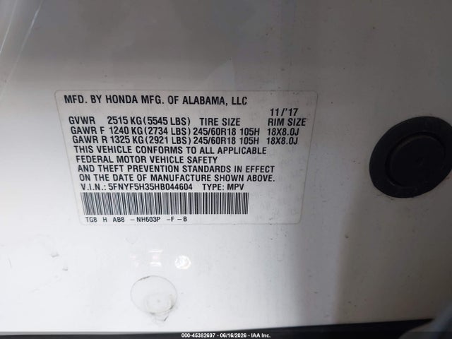 Honda Pilot Ex 2017 5FNYF5H35HB044604 Image 9