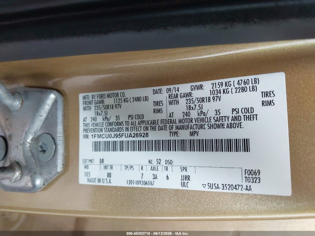 45382710 :رقم المزاد ، 1FMCU0J95FUA26928 vin ، 2015 Ford Escape Titanium مزاد بيع