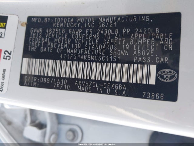 4T1F31AK5MU561151 Toyota Camry Xle Hybrid