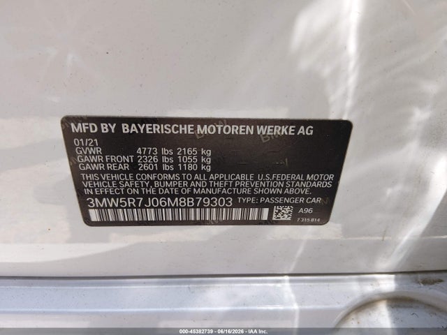 2021 Bmw 330i Xdrive მანქანა იყიდება აუქციონზე, vin: 3MW5R7J06M8B79303, აუქციონის ნომერი: 45382739