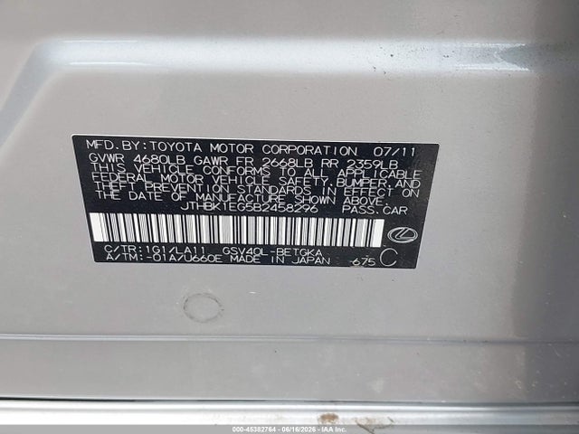 Продажа на аукционе авто 2011 Lexus Es 350, vin: JTHBK1EG5B2458296, номер лота: 45382764