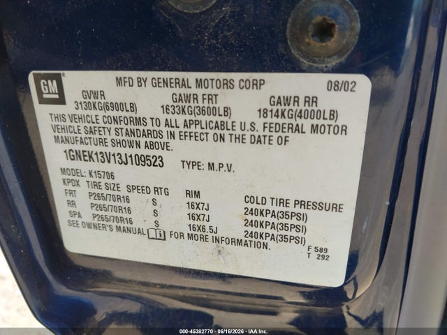 Aukcja sprzedaży 2003 Chevrolet Tahoe Ls, vin: 1GNEK13V13J109523, numer aukcji: 45382770