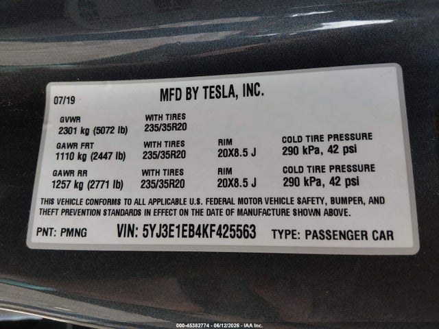 5YJ3E1EB4KF425563 Tesla Model 3 Long Range/performance
