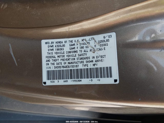 Aukcja sprzedaży 2003 Honda Cr-v Lx, vin: SHSRD78483U150187, numer aukcji: 45382806
