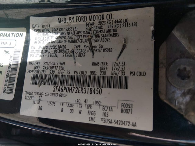 Auction sale of the 2014 Ford Fusion Se, vin: 3FA6P0H72ER318450, lot number: 45382816