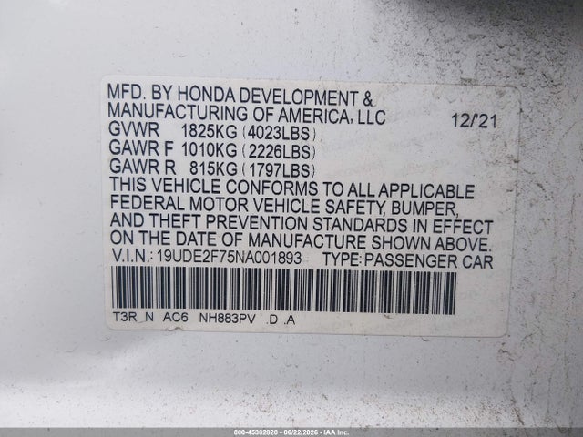45382820 :رقم المزاد ، 19UDE2F75NA001893 vin ، 2022 Acura Ilx Premium Package مزاد بيع