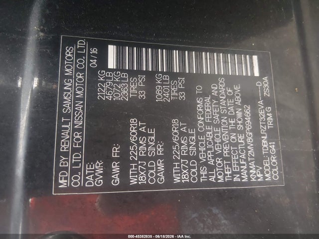 KNMAT2MV8GP694662 Nissan Rogue S/sl/sv