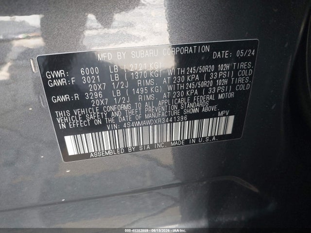 Aukcja sprzedaży 2024 Subaru Ascent Touring 7-passenger, vin: 4S4WMAWDXR3441396, numer aukcji: 45382859