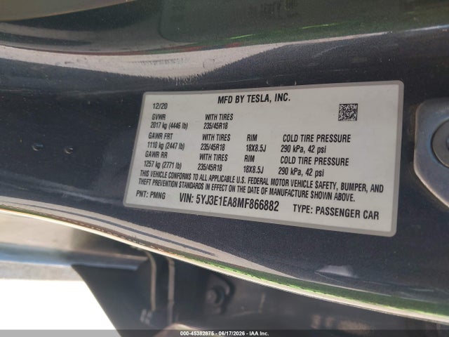 Aukcja sprzedaży 2021 Tesla Model 3 Standard Range Plus Rear-wheel Drive, vin: 5YJ3E1EA8MF866882, numer aukcji: 45382875