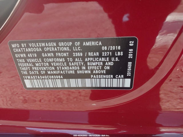 Продажа на аукционе авто 2016 Volkswagen Passat 1.8t R-line, vin: 1VWAS7A34GC063964, номер лота: 45382883