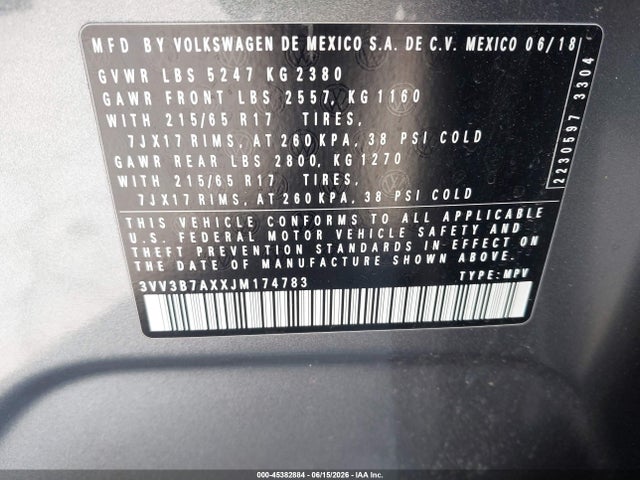3VV3B7AXXJM174783 Volkswagen Tiguan 2.0t Se/2.0t Sel