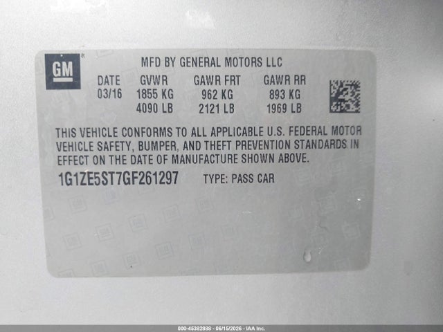 Продажа на аукционе авто 2016 Chevrolet Malibu 1lt, vin: 1G1ZE5ST7GF261297, номер лота: 45382888