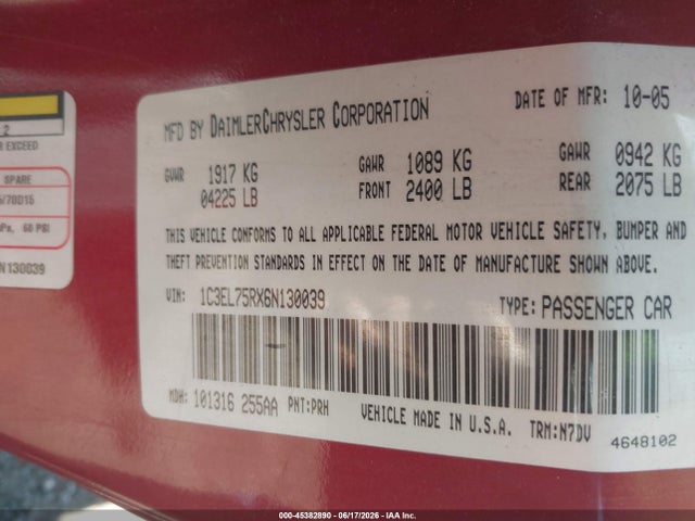 Aukcja sprzedaży 2006 Chrysler Sebring Gtc, vin: 1C3EL75RX6N130039, numer aukcji: 45382890