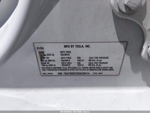 Aukcja sprzedaży 2024 Tesla Model Y Long Range Dual Motor All-wheel Drive, vin: 7SAYGDEE2RA228414, numer aukcji: 45382892