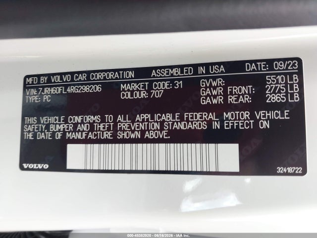 Продажа на аукционе авто 2024 Volvo S60 Recharge Plug-in Hybrid T8 Plus Dark Theme, vin: 7JRH60FL4RG298206, номер лота: 45382920