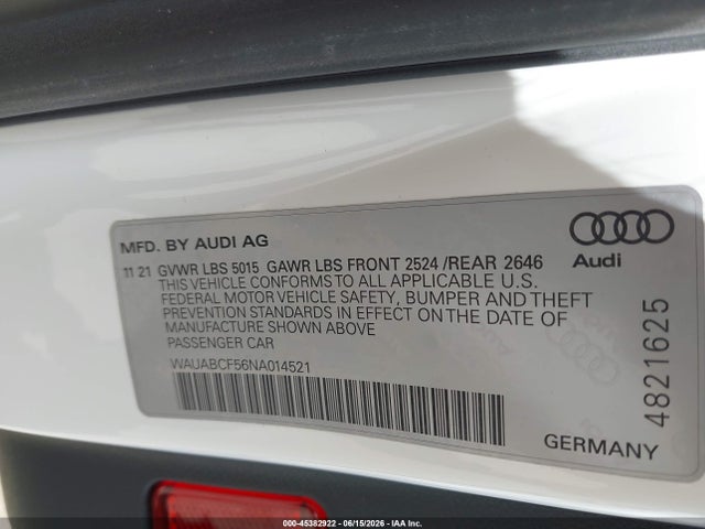 45382922 :رقم المزاد ، WAUABCF56NA014521 vin ، 2022 Audi A5 Sportback Premium 40 Tfsi Quattro S Tronic مزاد بيع