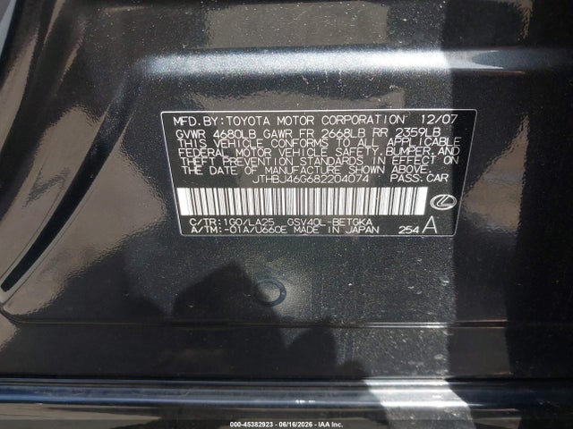 Aukcja sprzedaży 2008 Lexus Es 350, vin: JTHBJ46G682204074, numer aukcji: 45382923