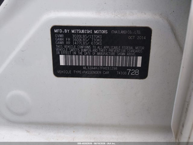 Продажа на аукционе авто 2015 Mitsubishi Mirage Es, vin: ML32A4HJ7FH031298, номер лота: 45382926