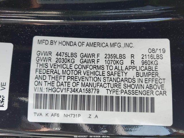 1HGCV1F34KA158779 Honda Accord Sport