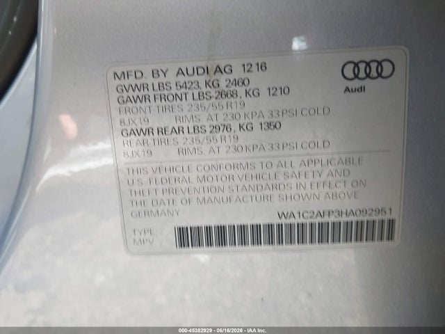 Aukcja sprzedaży 2017 Audi Q5 2.0t Premium, vin: WA1C2AFP3HA092951, numer aukcji: 45382929